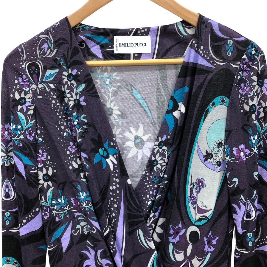 美品◆エミリオプッチ ワンピース 総柄 デザイン カシュクール ウール ナイロン パープル レディース サイズ38 EMILIO PUCCI 【AFB22】