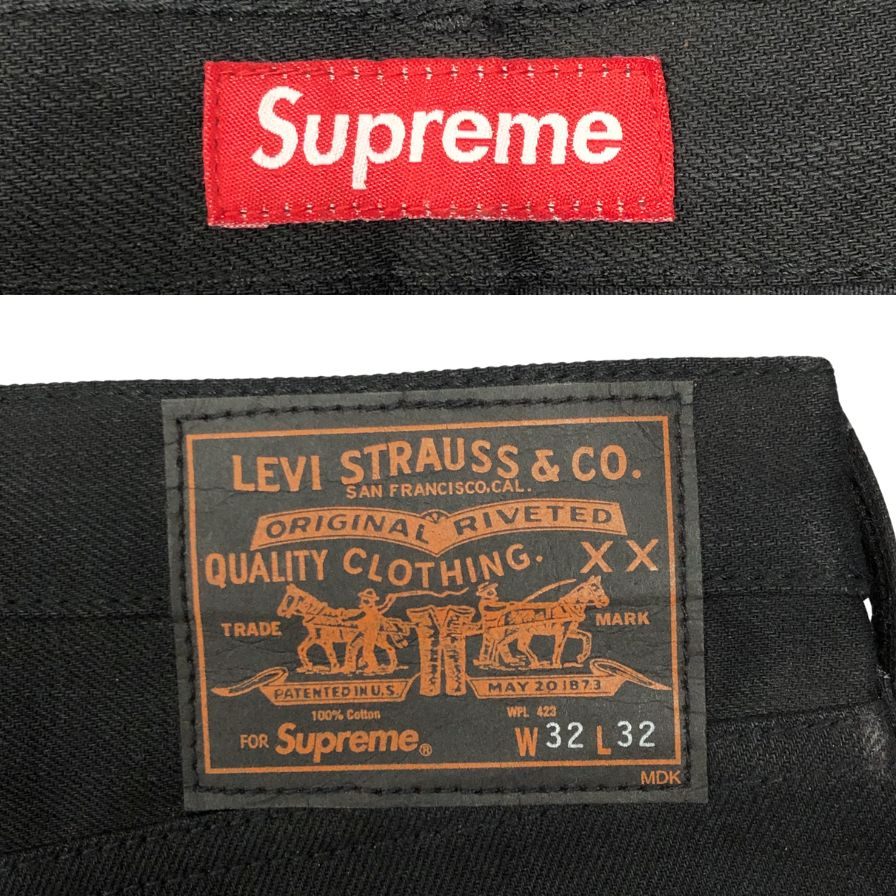 シュプリーム×リーバイス ブラックデニムパンツ 12AW 505 ジップ フライレオパードあしらい メンズ サイズ32×32 ブラック SUPREME×Levi's 【AFB31】