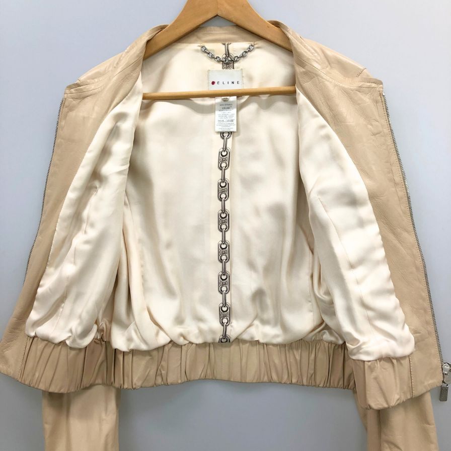 中古◆セリーヌ ノーカラージャケット ラムレザー ベージュ レディース サイズ42 CELINE 【AFB15】