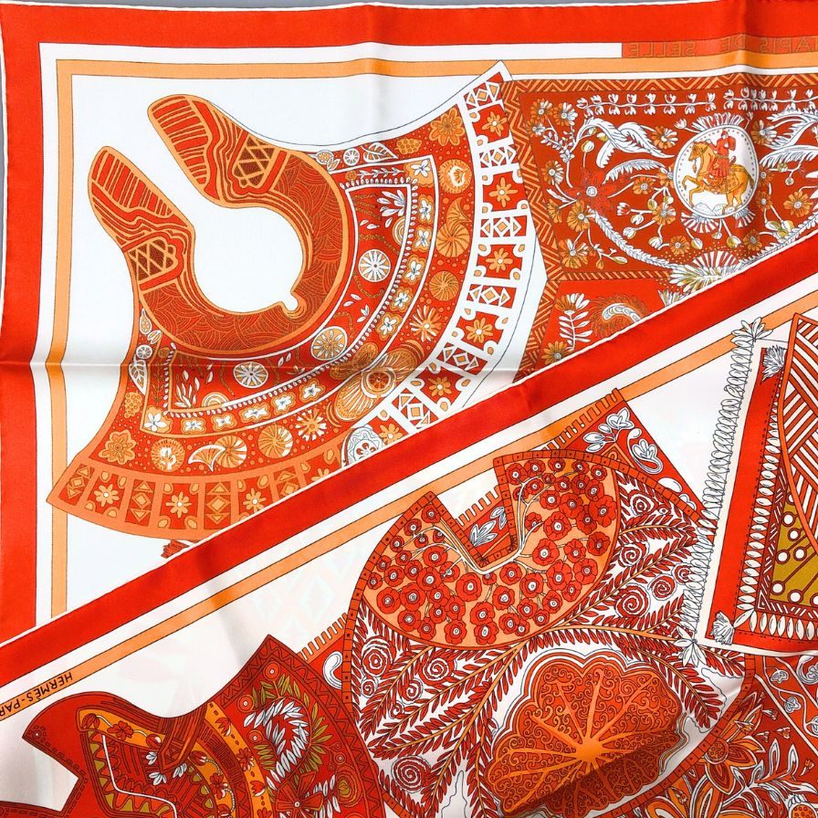 エルメス カレ90 スカーフ tapis de selle タピドゥセル シルク オレンジ レディース HERMES【AFI20】