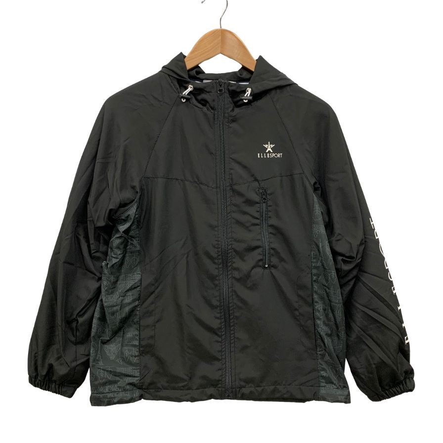 美品◆エルスポーツ パーカー 柄切替 裏地起毛 ブラック レディース サイズM ELLE SPORTS 【AFB21】