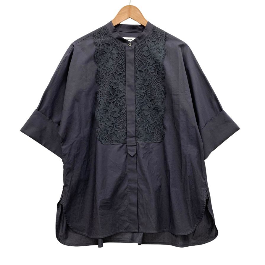 美品◆エブール 半袖シャツ レース ネイビー レディース サイズ38 ebure 【AFB49】