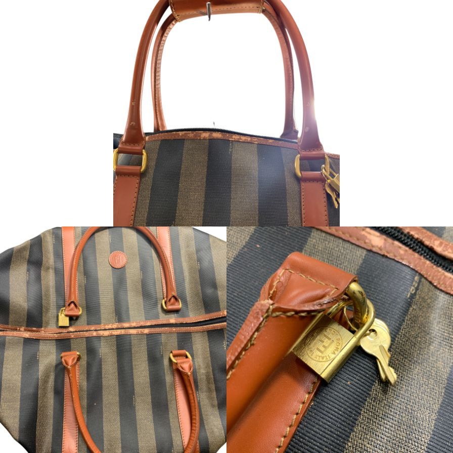 フェンディ ボストンバック 2way ストライプ ペカン柄ブラウン FENDI【AFE10】