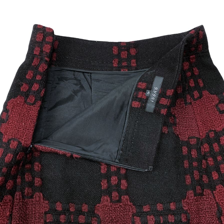 グッチ スカート ウール ツイード チェック 切替 2007 フレア レッド ブラック レディース サイズ42 GUCCI【AFB49】