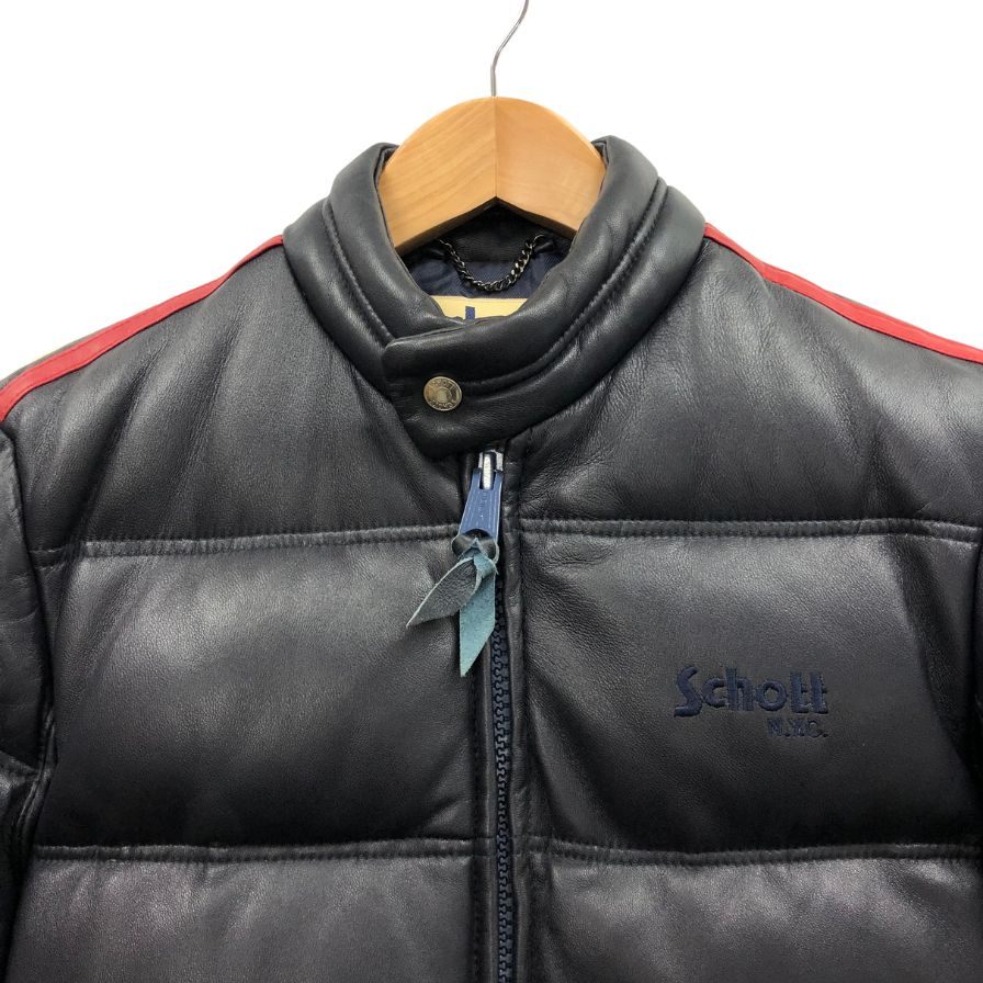 中古◆ショット ダウンジャケット モーターサイクルジャケット ラムレザー IDEALジップ サイズM ネイビー メンズ Schott 【AFG1】