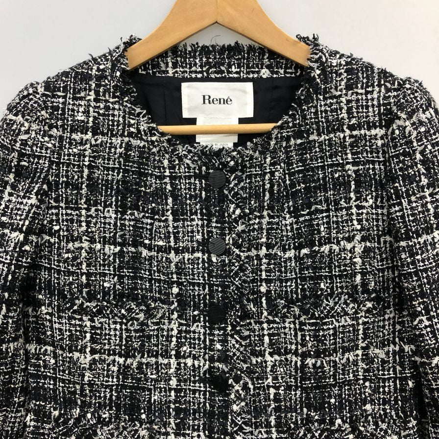美品◆ルネ ティシュー ノーカラー ツイードジャケット 6343050 38サイズ ブラック系 6343050 Rene Tissue 【AFB42】