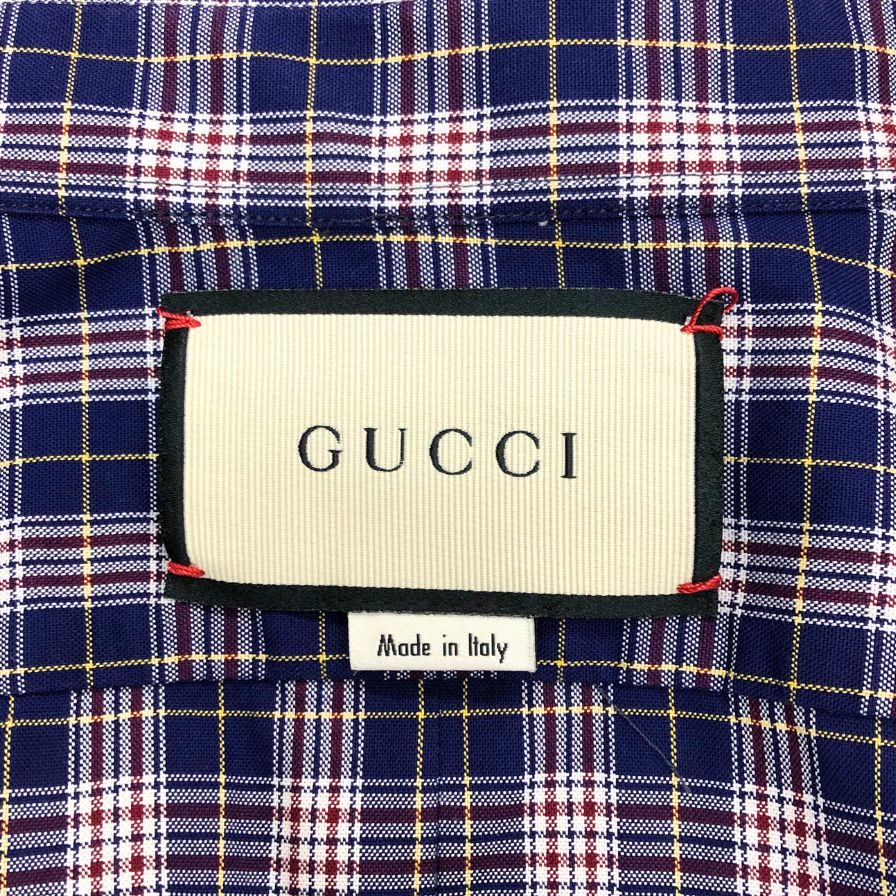 美品◆グッチ 18SS 半袖シャツ チェック メンズ サイズ48 ネイビー 557391 GUCCI 【AFB50】