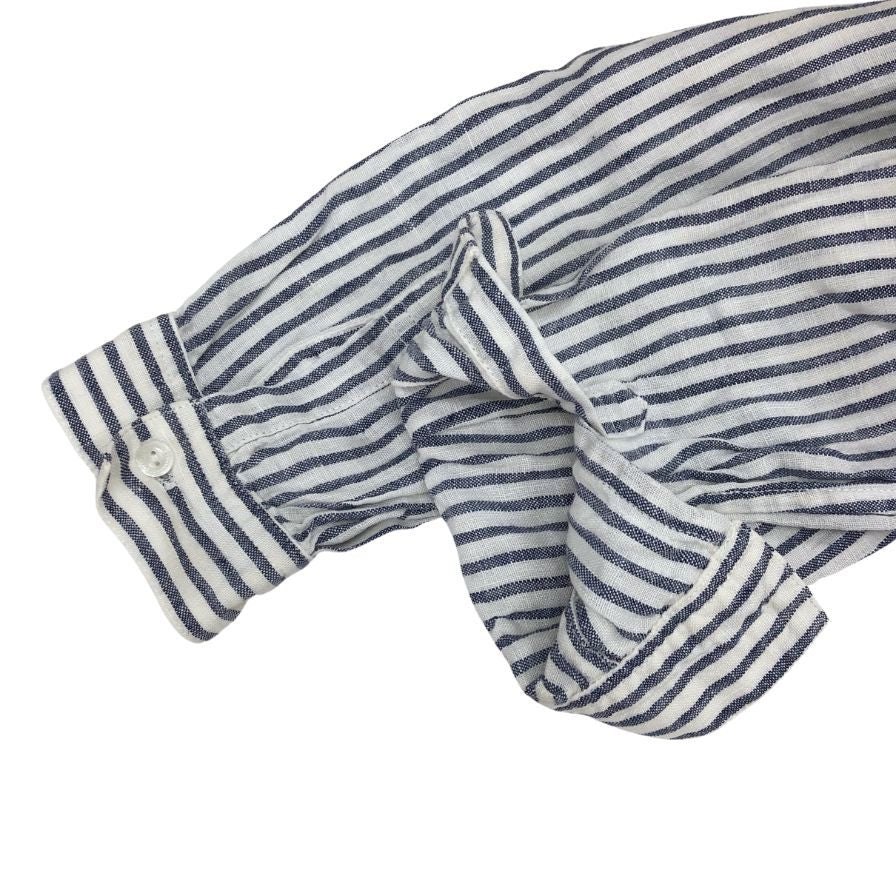 美品◆フレンチリネン プルオーバー ストライプ リネンシャツ 白×青 サイズM レディース 麻 長袖シャツ french linen 【AFB15】