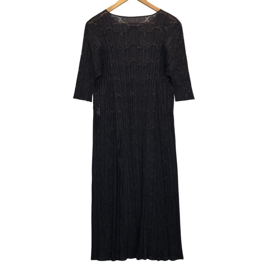 極美品◆プリーツプリーズ 半袖ワンピース クローバー柄 バックスリット ブラウン サイズ3 レディース PP81-JH626 PLEATS PLEASE ISSEY MIYAKE 【AFB36】