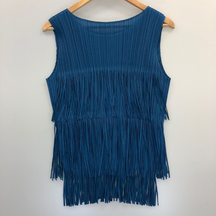 極美品◆プリーツプリーズ ノースリーブカットソー フリンジ ブルー系 サイズ3 レディース PP71-JK791 PLEATS PLEASE ISSEY MIYAKE 【AFB45】