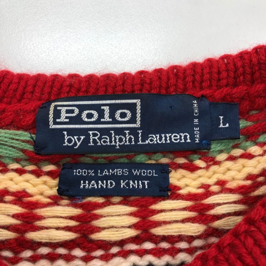 美品◆ポロ ラルフローレン ハンドニット クルーネック ネイティブ柄 ウール サイズL メンズ Polo Ralph Lauren 【AFA15】