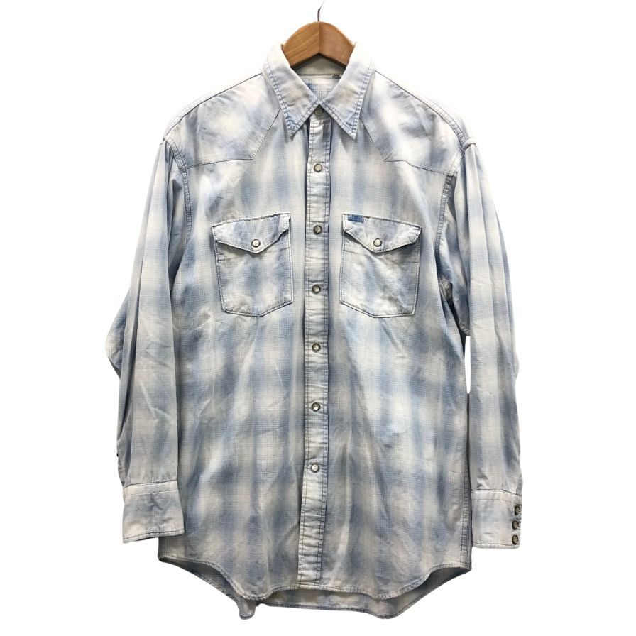 中古◆ノーブランド ヴィンテージ ウエスタンシャツ オンブレチェック ブルー系 タグなし メンズ サイズL 【AFB30】