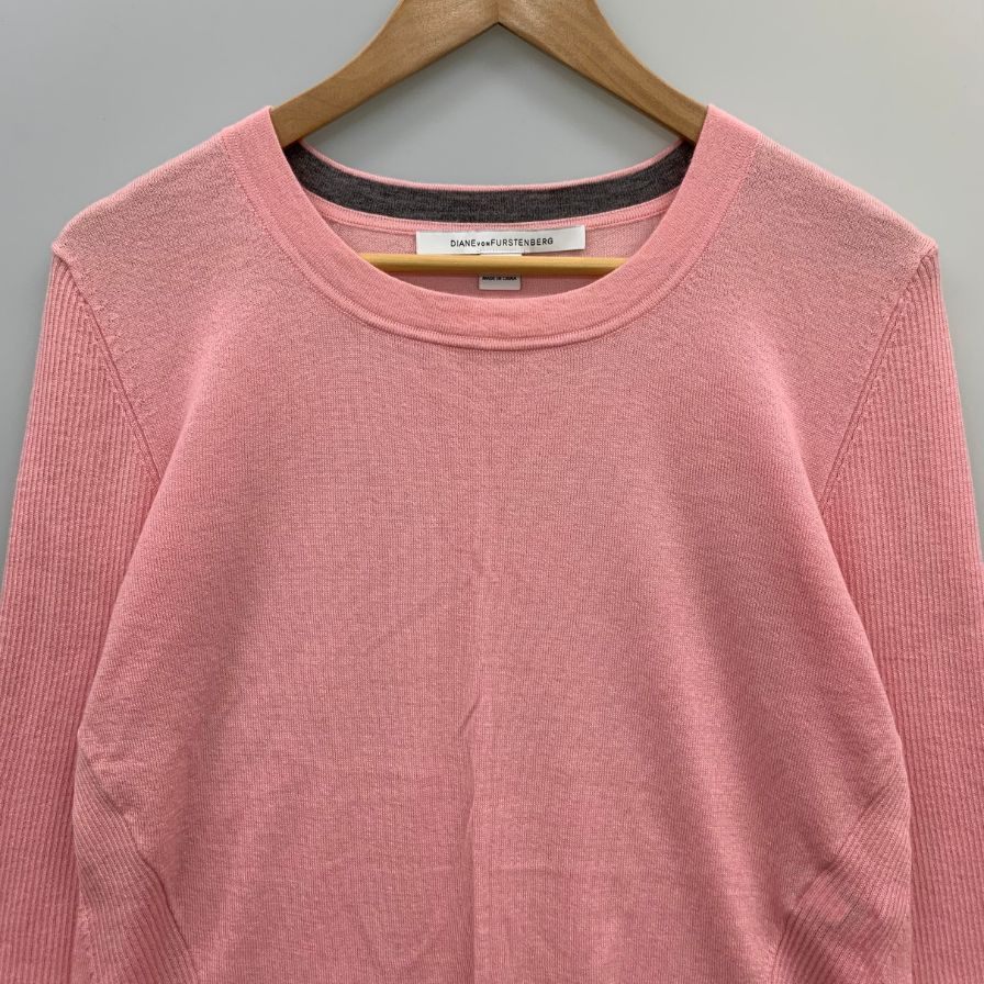 極美品◆ダイアン フォン ファステンバーグ ラウンドネック セーター トップス 袖リブ仕様 カシミア100% レディース サイズL ピンク DIANE VON FURSTENBERG 【AFB27】