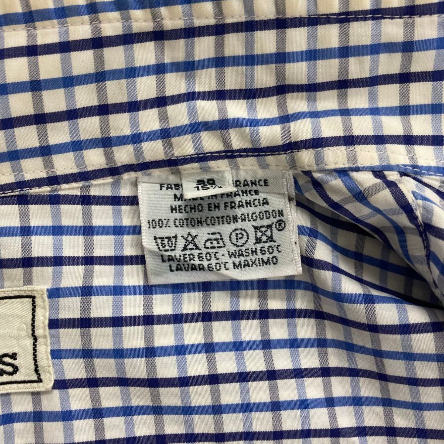 美品◆エルメス シャツ 長袖 チェック柄 コットン ブルー ホワイト サイズ39 メンズ HERMES 【AFA5】