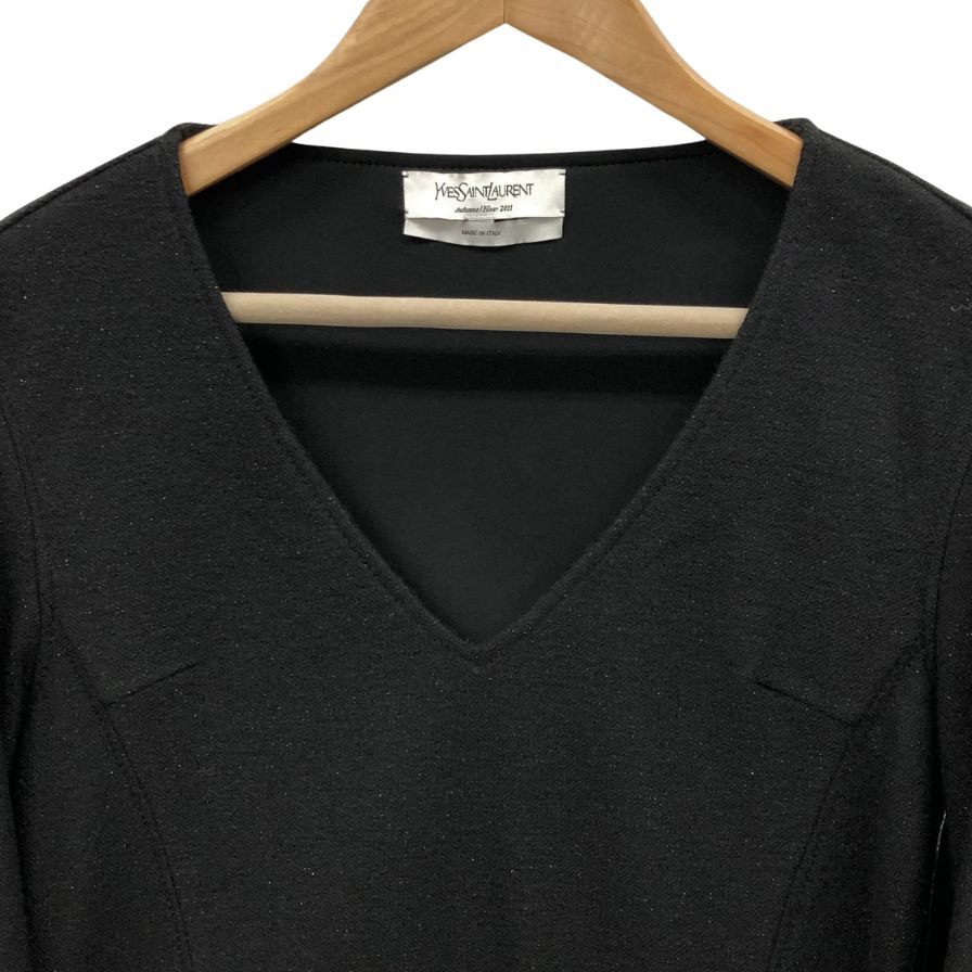 美品◆イヴサンローラン ワンピース ウール レザーテープ ブラック レディース サイズ38 YVES SAINT LAURENT 【AFB44】