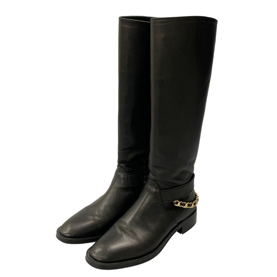 シャネル ロングブーツ G39171 チェーン ゴールド金具 ココマーク 22AW レザー 40C レディース ブラック CHANEL 約26.0cm【AFC47】
