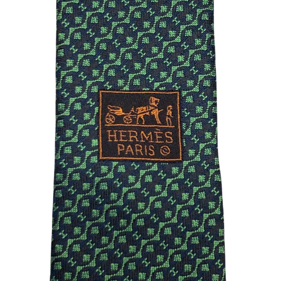 エルメス ネクタイ シルク100% 総柄 緑系 HERMES【AFI15】