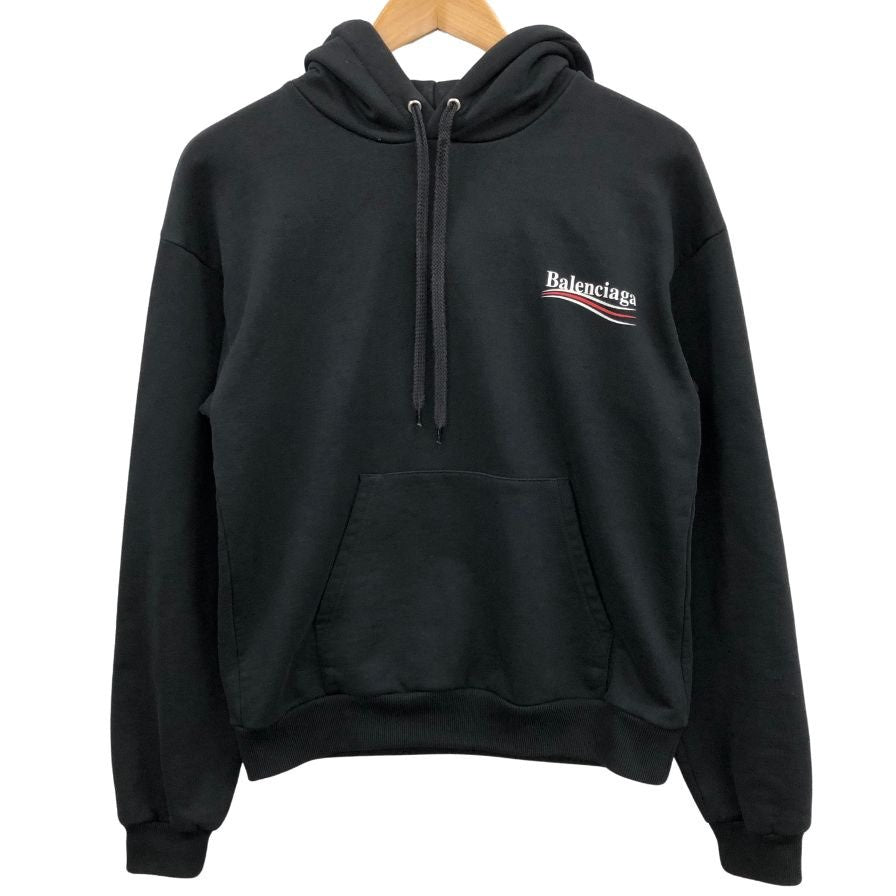美品◆バレンシアガ パーカー 508205 2018 キャンペーンロゴ プルオーバー メンズ ブラック サイズXS BALENCIAGA 【AFB50】