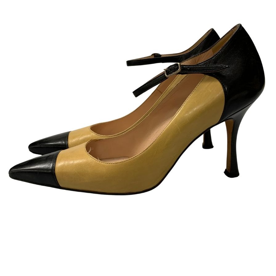 美品◆マノロ ブラニク ピンヒール サンダル ストラップ レザー ベージュ ブラック コンビ サイズ37 レディース MANOLO BLAHNIK【AFC8】