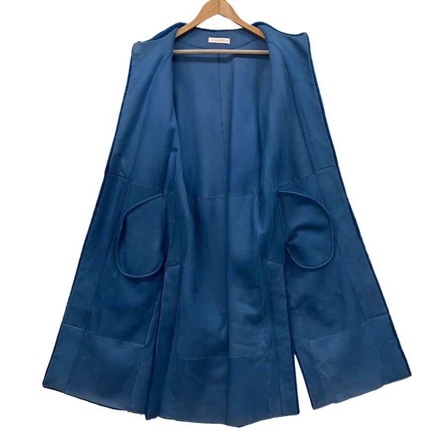 美品◆イネス&マーシャル ノーカラーコート ムートンコート レディース ブルー サイズ36 ines&marechal 【AFA23】