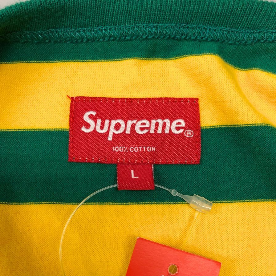 新品同様◆シュプリーム ボーダー ロンT ヘンリーネック トップス メンズ サイズL イエロー×グリーン Supreme 【AFB37】