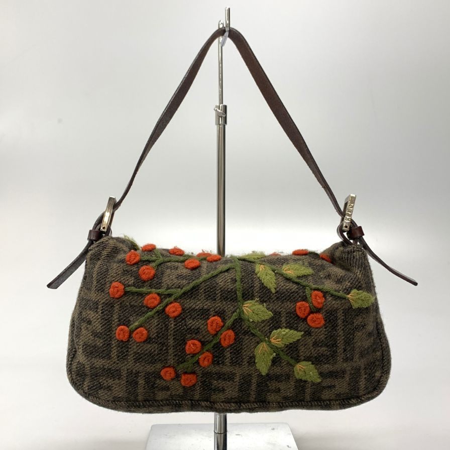 フェンディ ズッカ マンマバケット ウール ショルダーバッグ 花柄刺繍 グリーン系 FENDI【AFE9】