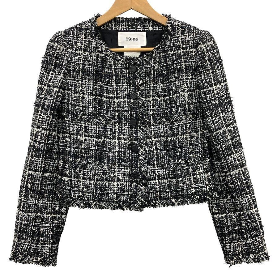 美品◆ルネ ティシュー ノーカラー ツイードジャケット 6343050 38サイズ ブラック系 6343050 Rene Tissue 【AFB42】