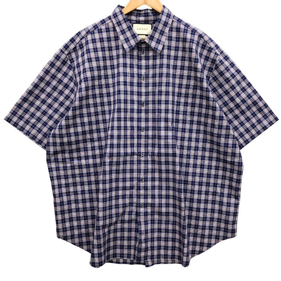 美品◆グッチ 18SS 半袖シャツ チェック メンズ サイズ48 ネイビー 557391 GUCCI 【AFB50】