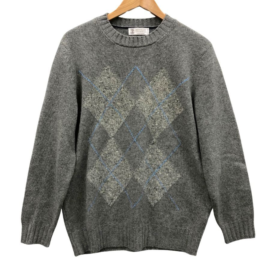 極美品◆ブルネロクチネリ セーター クールネック アーガイル柄 グレー ウールカシミヤシルク混 メンズ サイズ50BRUNELLO CUCINELLI 【AFB6】