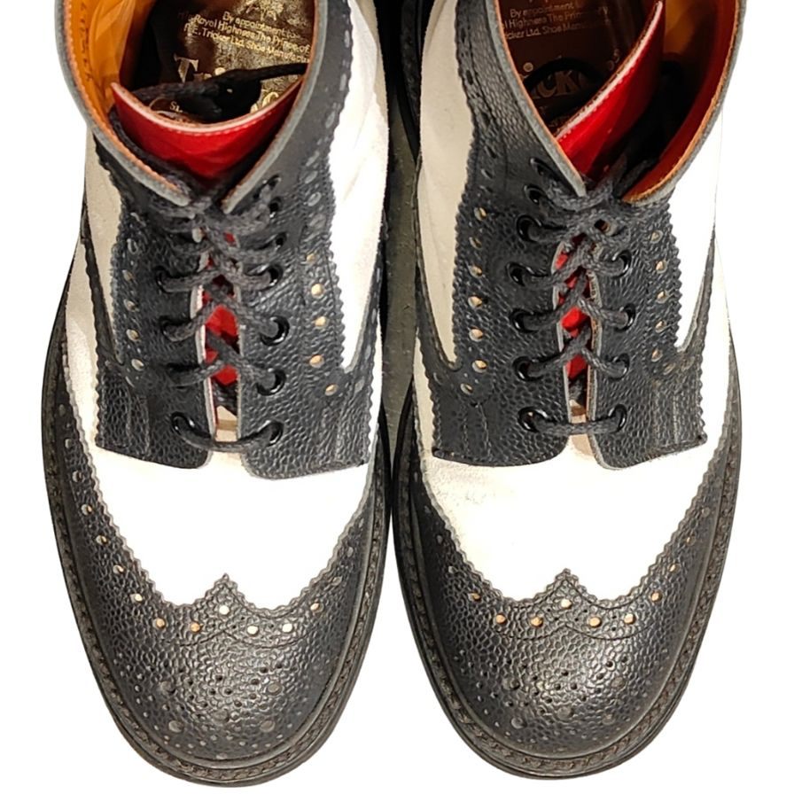 トリッカーズ レザーシューズ カントリーブーツ M2508 パターンオーダー 白赤黒 カーフスエードコンビ サイズ UK6.5 Tricker’s ブーツ 約25.0cm【LA】【中古】