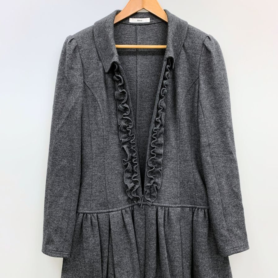 美品◆ルネ ワンピース ウール アンゴラ 長袖 フリル ジップ 膝丈 グレー レディース サイズ38 Rene 【AFB27】