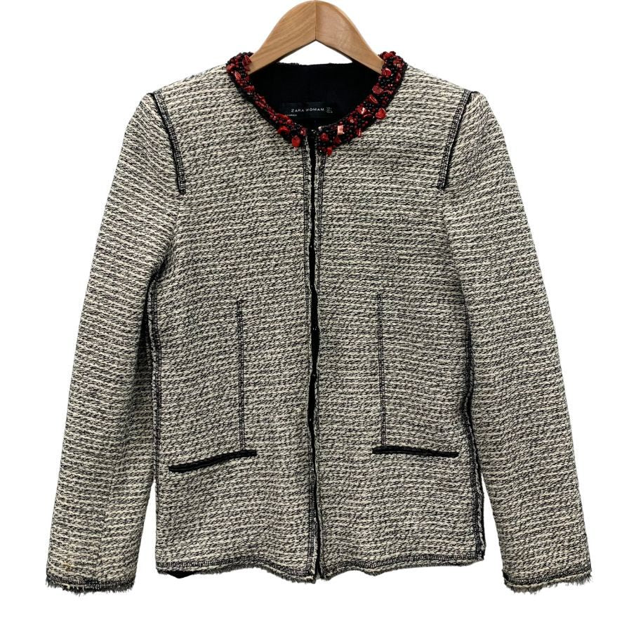 中古◆ザラ ウーマン ノーカラージャケット ツイード レディース サイズL ZARA WOMAN 【AFB40】