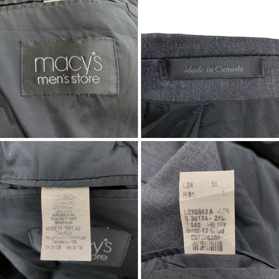美品◆ローレン ラルフローレン メイシー テーラードジャケット ウール カナダ製 グレー メンズ サイズM LAUREN RALPH LAUREN macys 【AFB51】