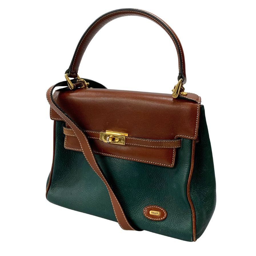 バリー ハンドバッグ ケリー タイプ 2Way レザー バッグ ゴールド金具 グリーン ブラウン BALLY【AFE5】