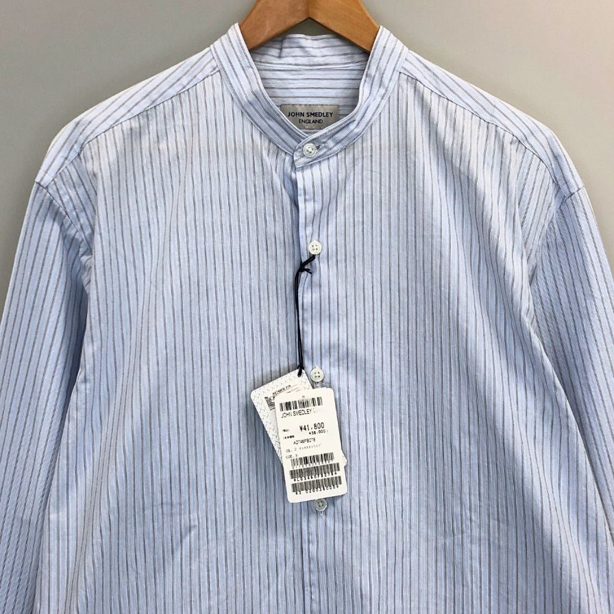 新品同様◆ジョンスメドレー シャツ ノーカラー バンドカラー 長袖 ストライプ メンズ ブルー系 サイズM JOHN SMEDLEY 【AFB35】