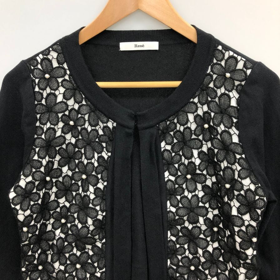 美品◆ルネ カーディガン フラワー レース 切替 コットン ブラック レディース サイズ38 Rene 【AFB6】