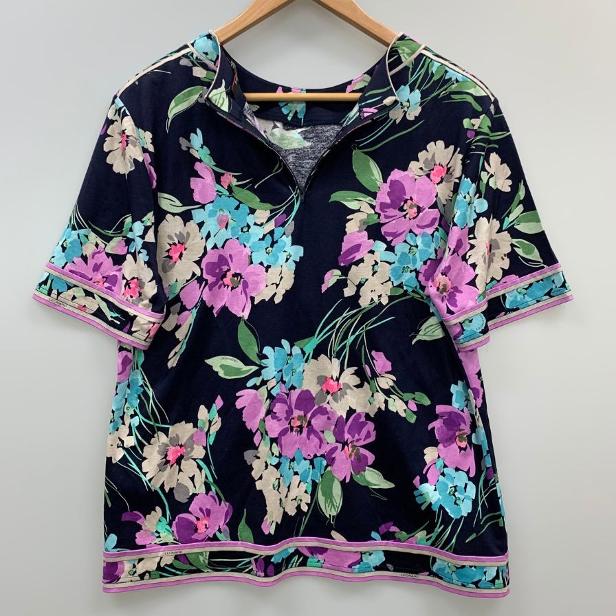 極美品◆レオナール 半袖 カットソー コットン レディース サイズLL 総柄 Leonard 【AFB35】