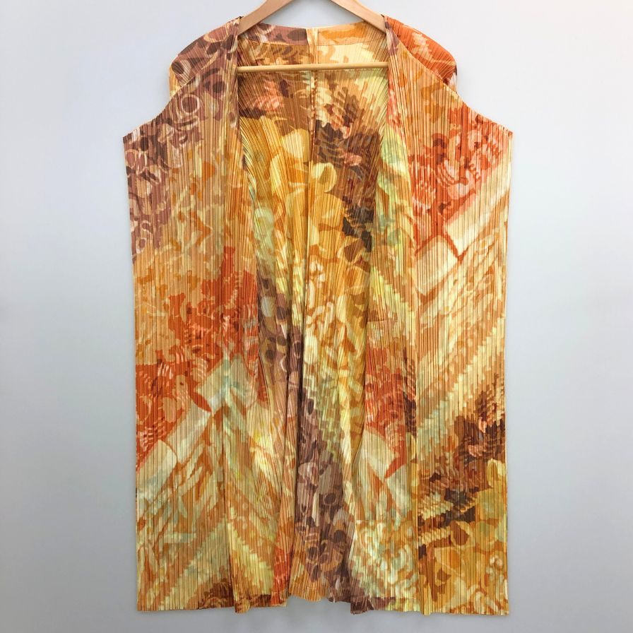 極美品◆プリーツプリーズ イッセイミヤケ コート 総柄 イエロー レディース サイズ5 PP11-JA596 PLEATS PLEASE ISSEY MIYAKE 【AFB32】