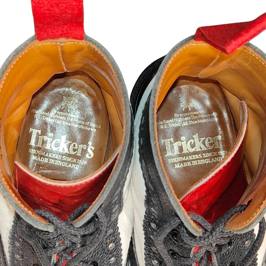 トリッカーズ レザーシューズ カントリーブーツ M2508 パターンオーダー 白赤黒 カーフスエードコンビ サイズ UK6.5 Tricker’s ブーツ 約25.0cm【LA】【中古】