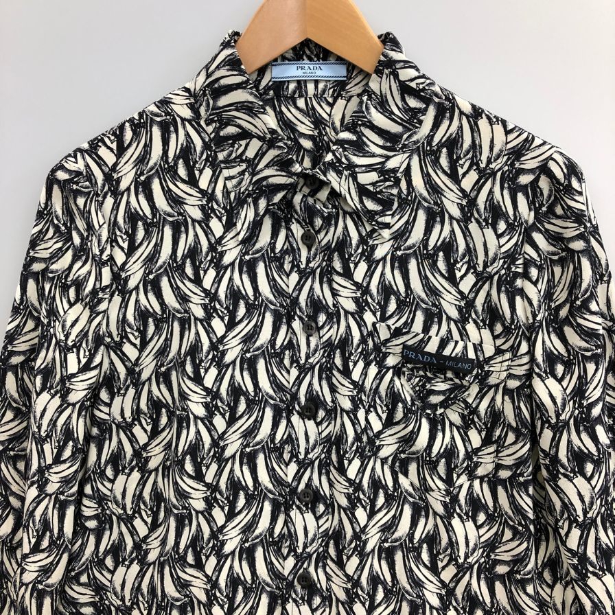 極美品◆プラダ 18SS 七分丈シャツ 総柄 シルク サイズ40 レディース PRADA 【AFB6】