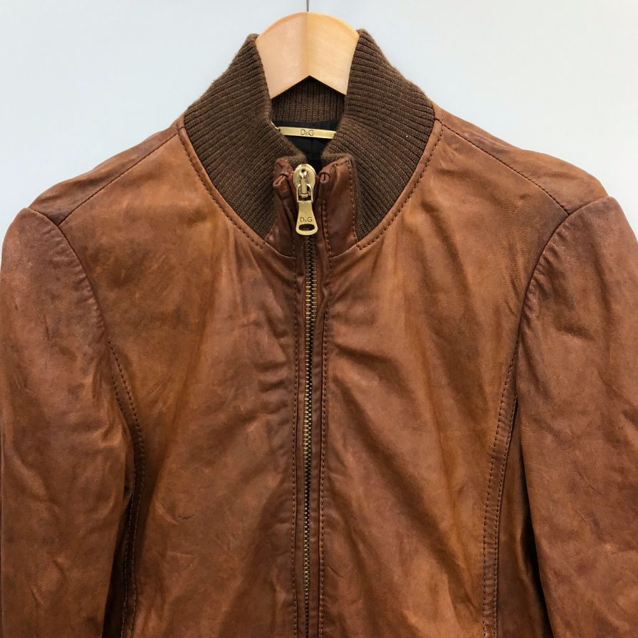 中古■ドルチェ&ガッバーナ レザー リブ ブルゾン ボンバージャケット トルコ製 レディース サイズ40 ブラウン DOLCE&GABBANA 【AFA21】