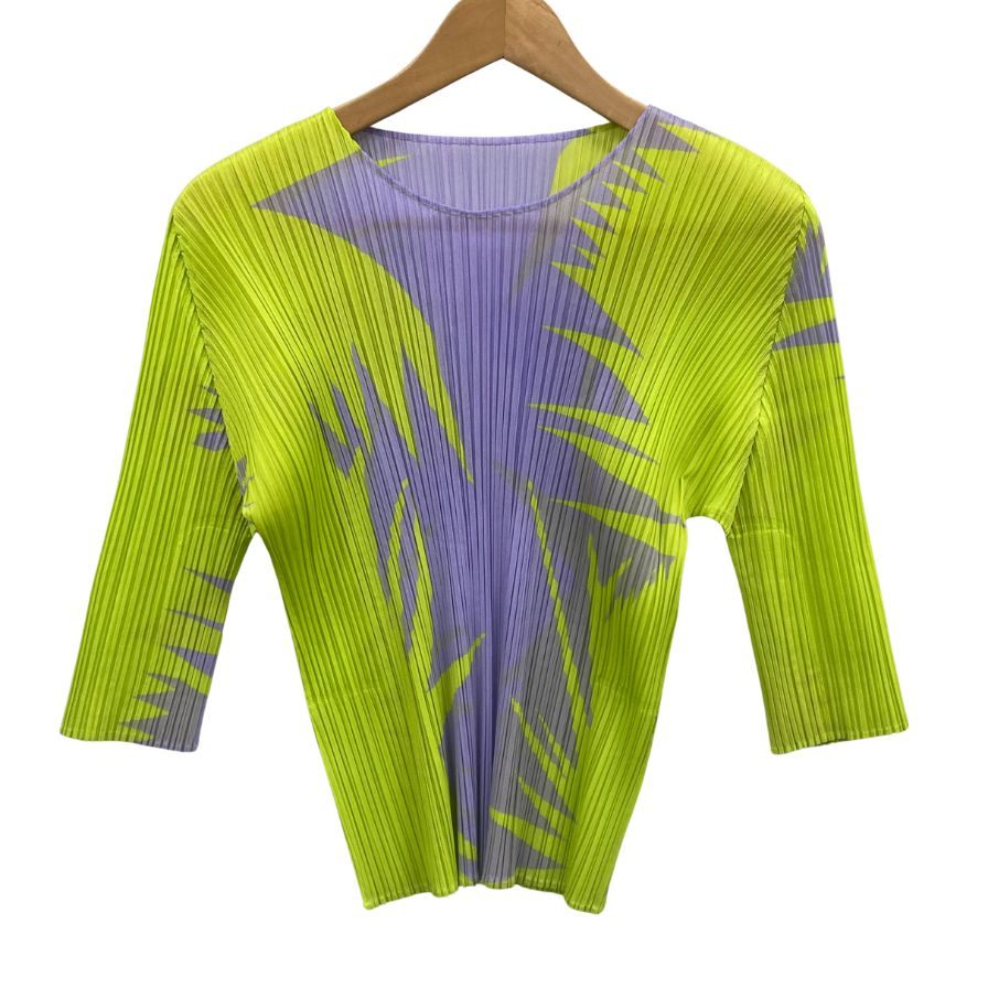 極美品◆プリーツプリーズ イッセイミヤケ カットソー 半袖 PP41JK701 レディース グリーン サイズ3 PLEATS PLEASE ISSEY MIYAKE PIQUANT TOPS PURPLE ONION レディース【AFA3】