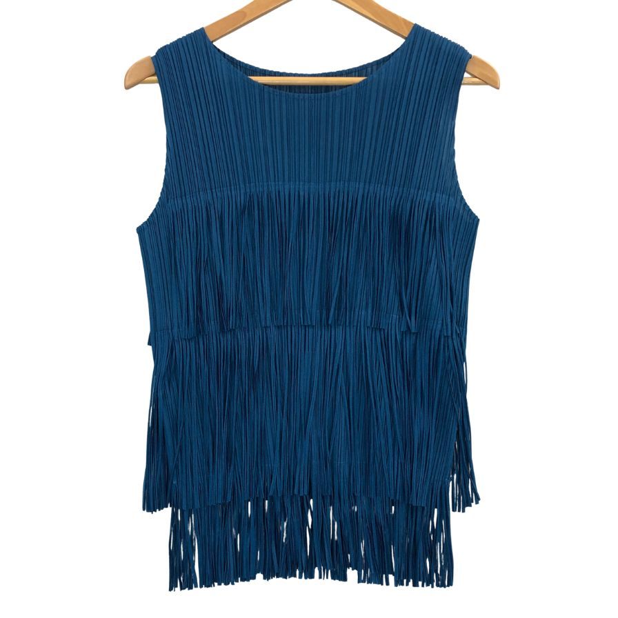 極美品◆プリーツプリーズ ノースリーブカットソー フリンジ ブルー系 サイズ3 レディース PP71-JK791 PLEATS PLEASE ISSEY MIYAKE 【AFB45】