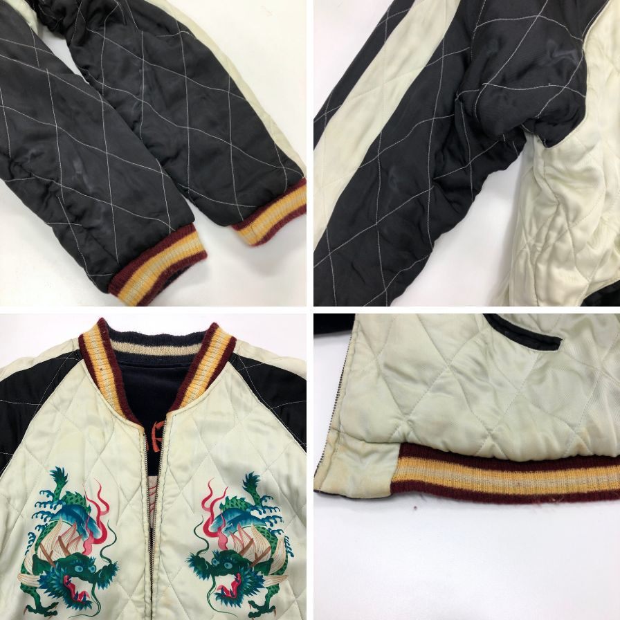 中古◆テーラー東洋 港商 スカジャン リバーシブル 虎 龍 髑髏 刺繍 メンズ ネイビー 裏地ホワイト サイズ大 TAILOR東洋 【AFA20】