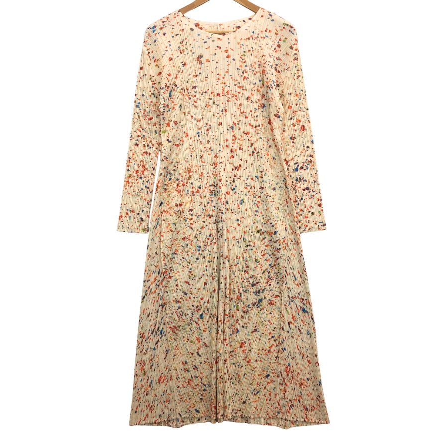 極美品◆プリーツプリーズ ロングワンピース 総柄 ENCHANTプリント ベージュ系 サイズ4 レディース PP23JH725 PLEATS PLEASE ISSEY MIYAKE 【AFB26】