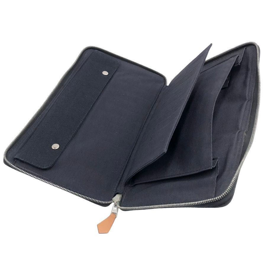 エルメス 長財布 フールトゥ パースGM キャンバス シルバー金具 ラウンドファスナー ブラック HERMES【AFI20】