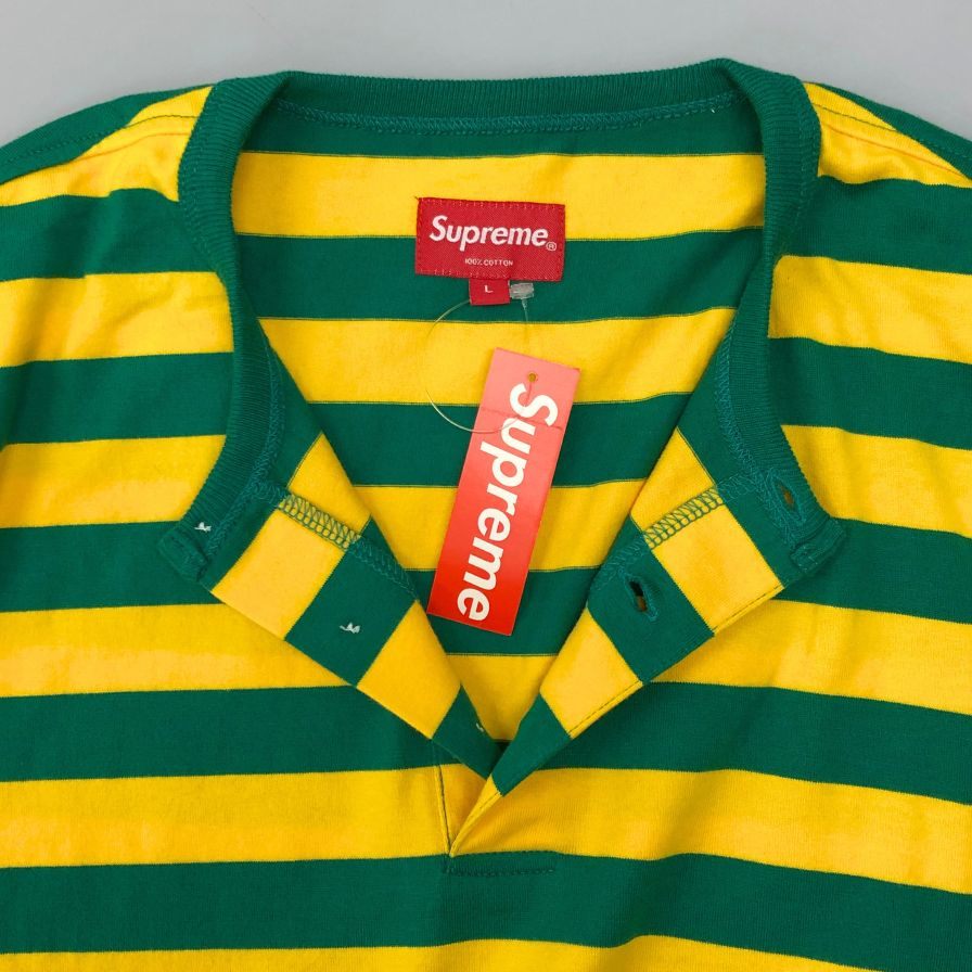 新品同様◆シュプリーム ボーダー ロンT ヘンリーネック トップス メンズ サイズL イエロー×グリーン Supreme 【AFB37】