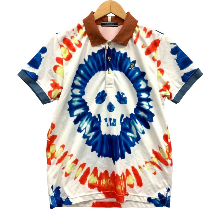 美品◇マーク&ロナ 半袖ポロシャツ スカル 総柄 金ボタン メンズ