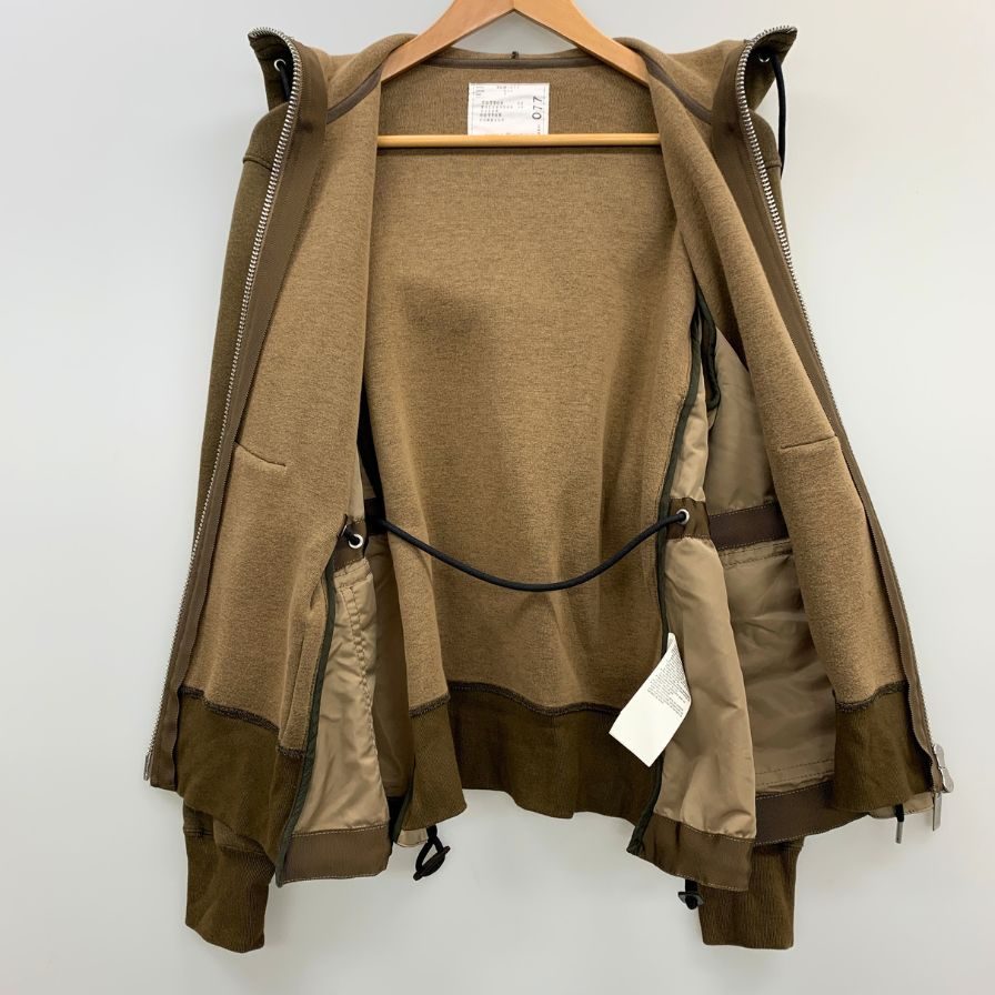 美品◆サカイ ジップアップパーカー Sponge Sweat x Nylon Twill Hoodie カーキ レディース サイズ2 SCW-077 Sacai 【AFB7】