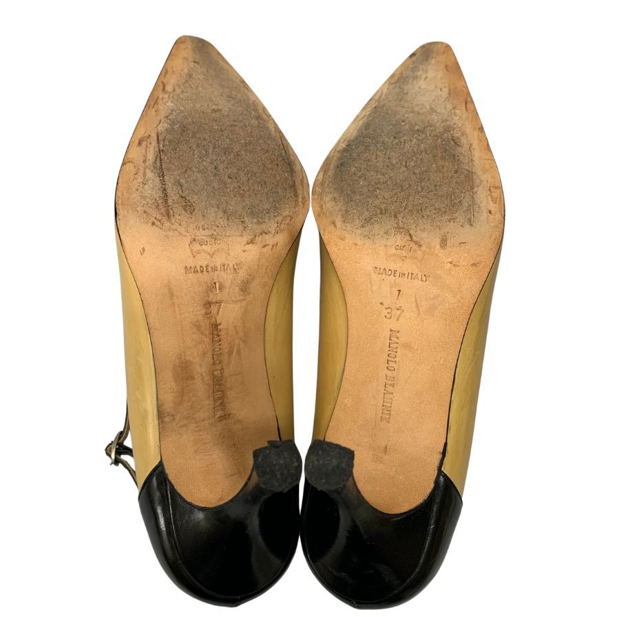 美品◆マノロ ブラニク ピンヒール サンダル ストラップ レザー ベージュ ブラック コンビ サイズ37 レディース MANOLO BLAHNIK【AFC8】